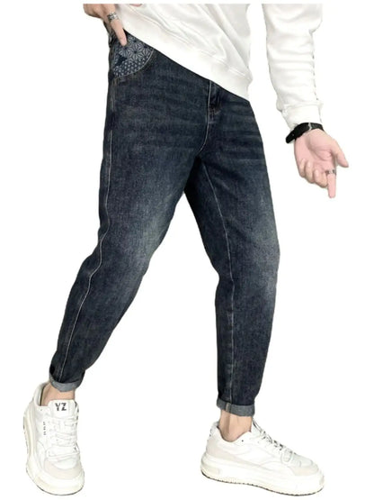 New Men's Luxury Loose Denim Jeans for Men Solid Vintage Washed Elastic Casual Pants Blue for Autumn Designer Baggy Trousers