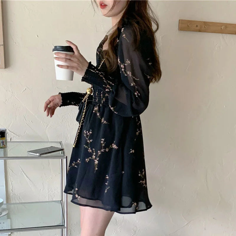 Women Sexy Black Chiffon Dress Spring Vintage Flower Long Puff Sleeve Dresses Korean Casual Mini Vestidos Elegant  Clothes 13676