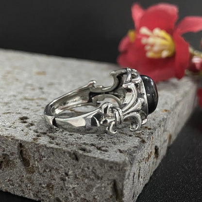 S925 Sterling Sliver Women's Ring with Natural Black Agate Moonstone Stone Hollowed-out 925 Sliver Fine Jewerly Rings for  Women