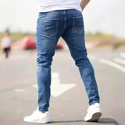 Men Jeans Denim Holes Skinny Vintage Wash Solid Pencil Pants 2025 Distressed Ankle Length Sheath Punk Style Pockets Punk