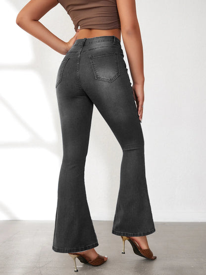 Fashionable Buckle Design Slim-fitting Micro Flared Jeans. Four Seasons New Simple Comfortable Elastic High-waisted Jeans Women