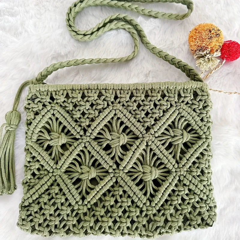 1pc Boho Chic Handwoven Shoulder Bag for Women,Handwoven Cotton with Zipper & Tassel Details,Beach Bag,for Travel,Casual Outings