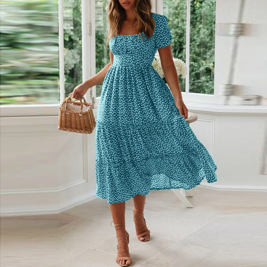 Sexy Square Collar Short Puff Sleeve Chiffon Floral Print Boho Party Dress Summer Women Beachwear Sand Vestidos