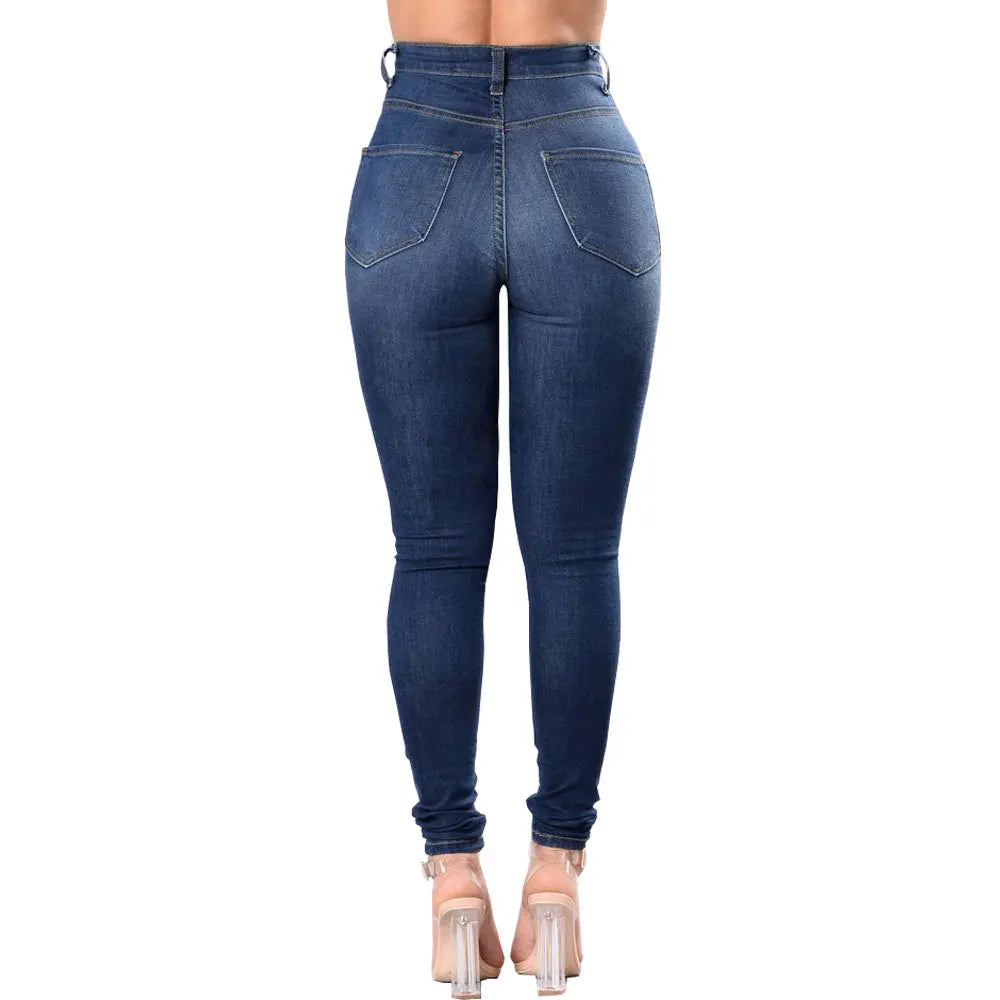 Washed Ripped High-waisted Slim-fit Small-leg Jeans, Four Seasons New Fashionable Casual Skinny Jeans for Women, Pencil Pants