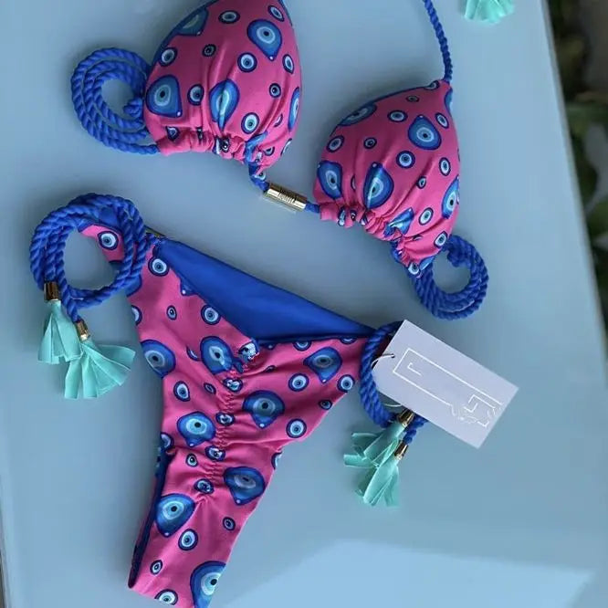 New Ladies Sexy Printed Rope Bikini Split Swimsuit