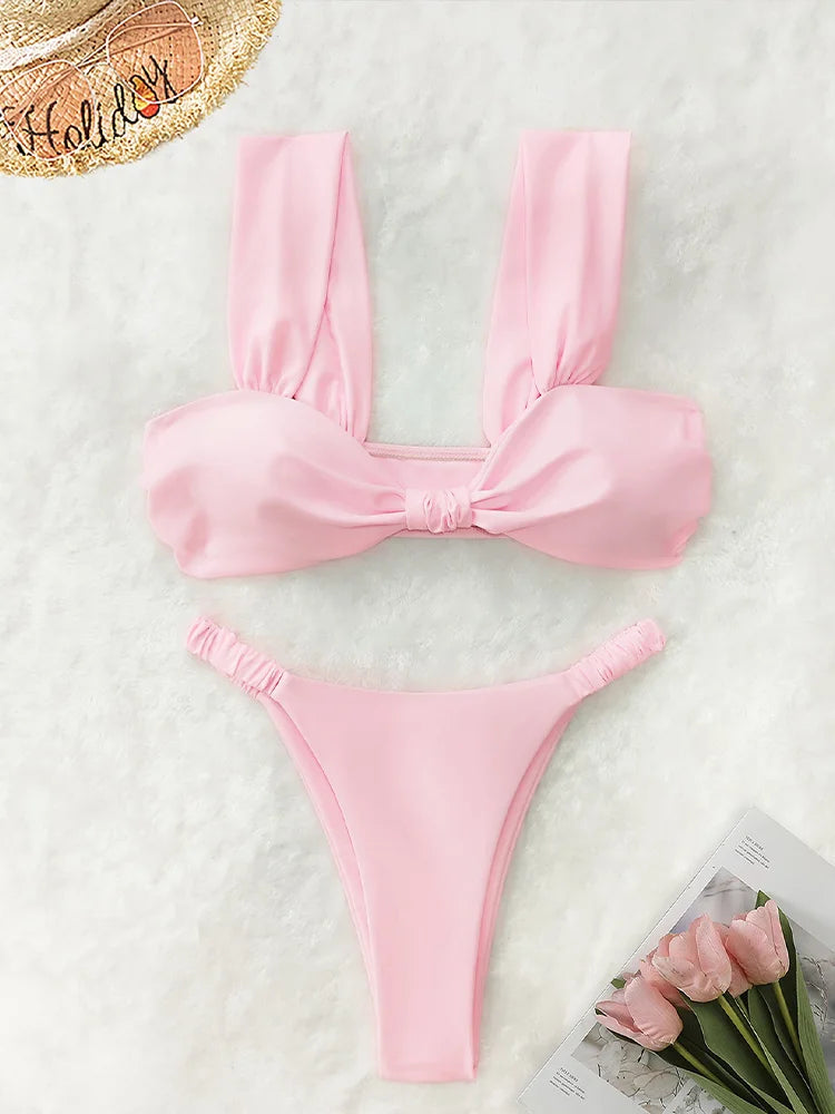 Fashion Sexy Vacation Bikini 2 Piece Set Women Solid Split Swimsuit High Waist Beach Bikini 2025 New Summer Swimwea Bikinis Set