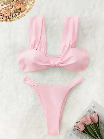 Fashion Sexy Vacation Bikini 2 Piece Set Women Solid Split Swimsuit High Waist Beach Bikini 2025 New Summer Swimwea Bikinis Set