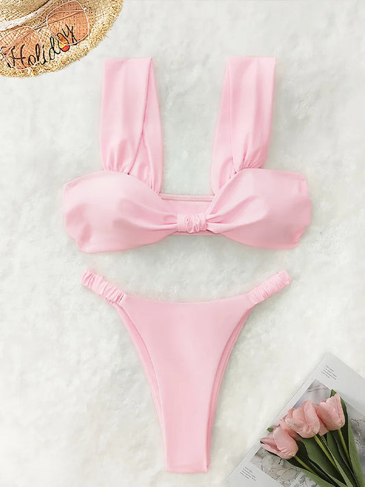 Fashion Sexy Vacation Bikini 2 Piece Set Women Solid Split Swimsuit High Waist Beach Bikini 2025 New Summer Swimwea Bikinis Set