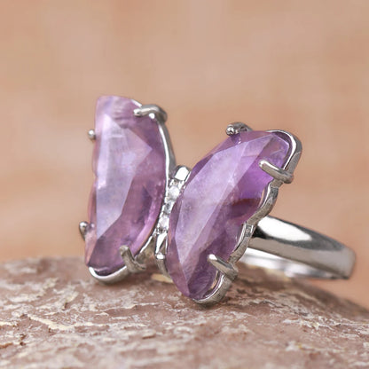 Gold Color Crystal Ring Natural Gemstone Butterfly Rings for Women Amethysts Lapis Lazui Pink Quartz Adjustable Engagement  H125