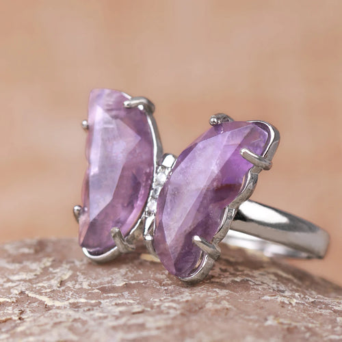 Gold Color Crystal Ring Natural Gemstone Butterfly Rings for Women Amethysts Lapis Lazui Pink Quartz Adjustable Engagement  H125