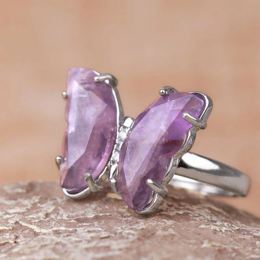 Gold Color Crystal Ring Natural Gemstone Butterfly Rings for Women Amethysts Lapis Lazui Pink Quartz Adjustable Engagement  H125