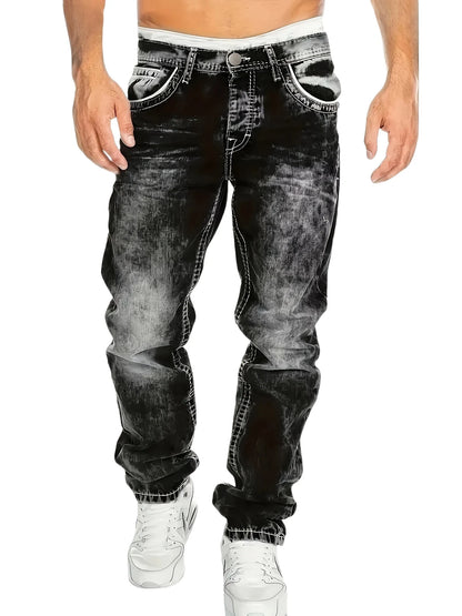 1pc Men's Casual Slim-Fit Stretch Jeans, Fashionable Street-Style Gradient Denim Pants with Washed-Out Look, Regular Fit, Machin
