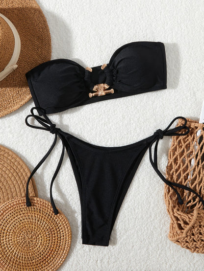 Solid O Ring  New Swimsuit For Women Tie Side Shiny Metal Hardware Ring Bandeau Bikini Swimwear Padded Bra Top Low Waisted