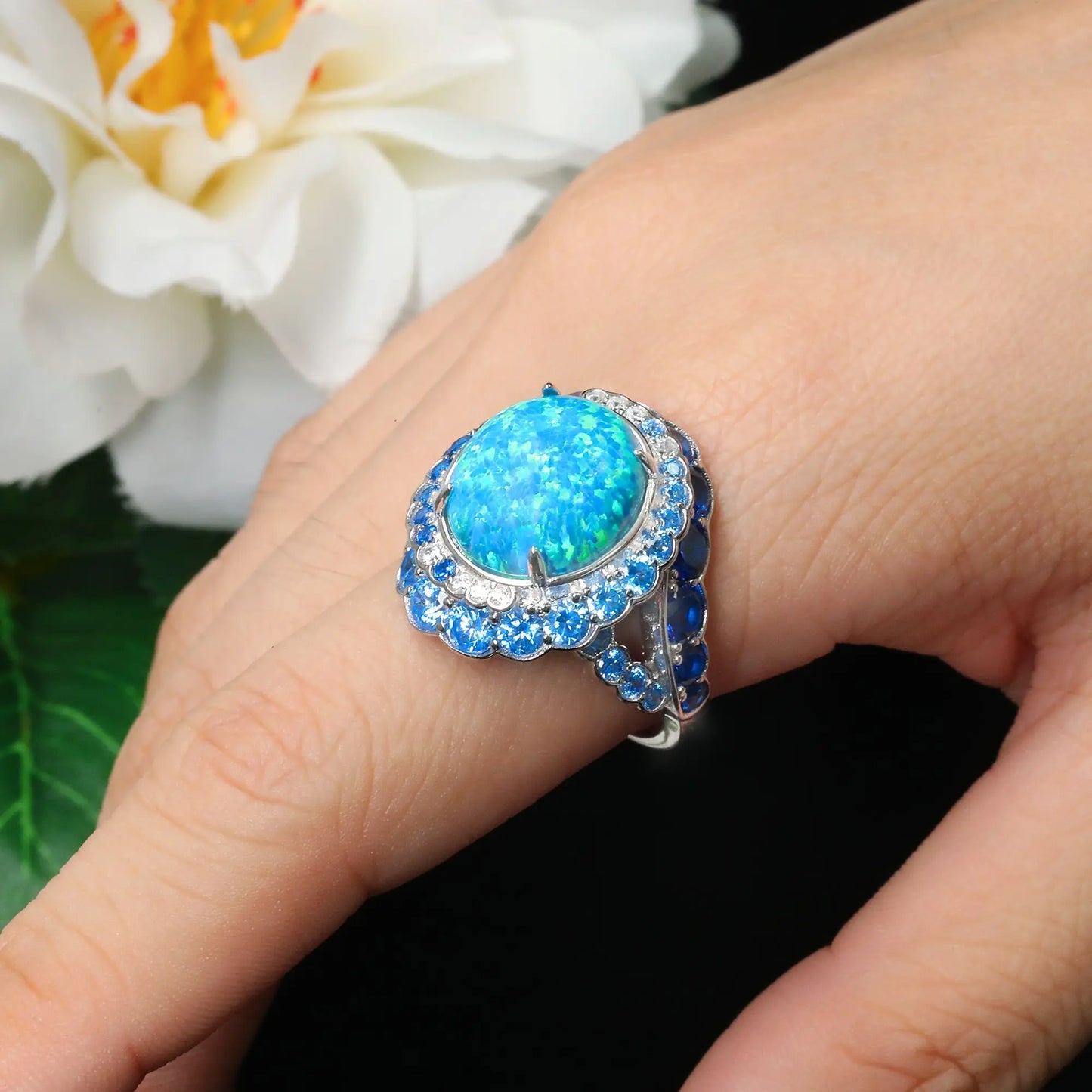 TLS 925 Sterling Silver Rhodium Plated High Carbon Diamond Cabochon Opal Blue Diamond Surrounding Star Ring for Gift