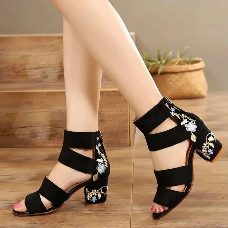 Ethnic Style Embroidered Mid-heel Sandals,  Summer Casual Thick Heels Elegant Vintage Open-toed Embroidered Shoes, Women's Shoes