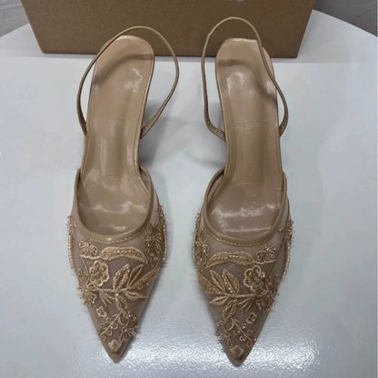 Women's Mesh Floral Embroidered Slingback High Heels Female Open Heel Pearl Studded Pointed Toe Sandals Sexy Stiletto Lady Mules