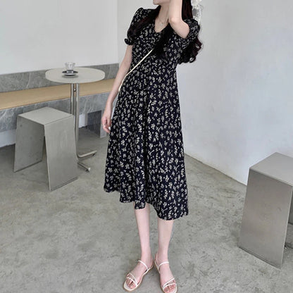 Elegant Floral Midi Dress for Women Korean Chic Printed V-neck Long Dress Female 2023 New Summer Short Sleeve Dresses