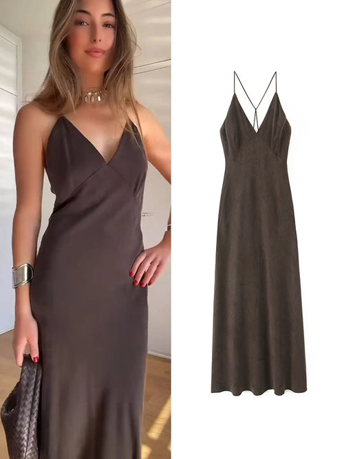 TFMLN Summer New Ladies Elegant Midi Sling Dress Sleeveless Solid Backless Slim V-Neck Dresses 2025 Beach Party Sexy Dress