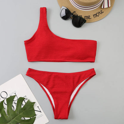 One Shoulder Bikinis 2025 Women Sexy Swimwear Female Brazilian Swimsuit Solid Beachwear Bathers Bathing Swimming Swim Suit