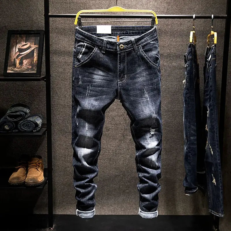 American High Street Men's Jeans Trendy Ripped Worn-out Hole Punch Elastic Straight Cut Slim Fit Streetwear Pant for All Seasons