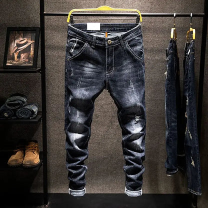 American High Street Men's Jeans Trendy Ripped Worn-out Hole Punch Elastic Straight Cut Slim Fit Streetwear Pant for All Seasons