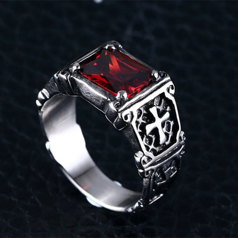 New Fashion Creative Trend Delicate Compact Red Gemstone Cross Pattern Ring Retro Men's Street Party Niche Ring Gift Jewellery