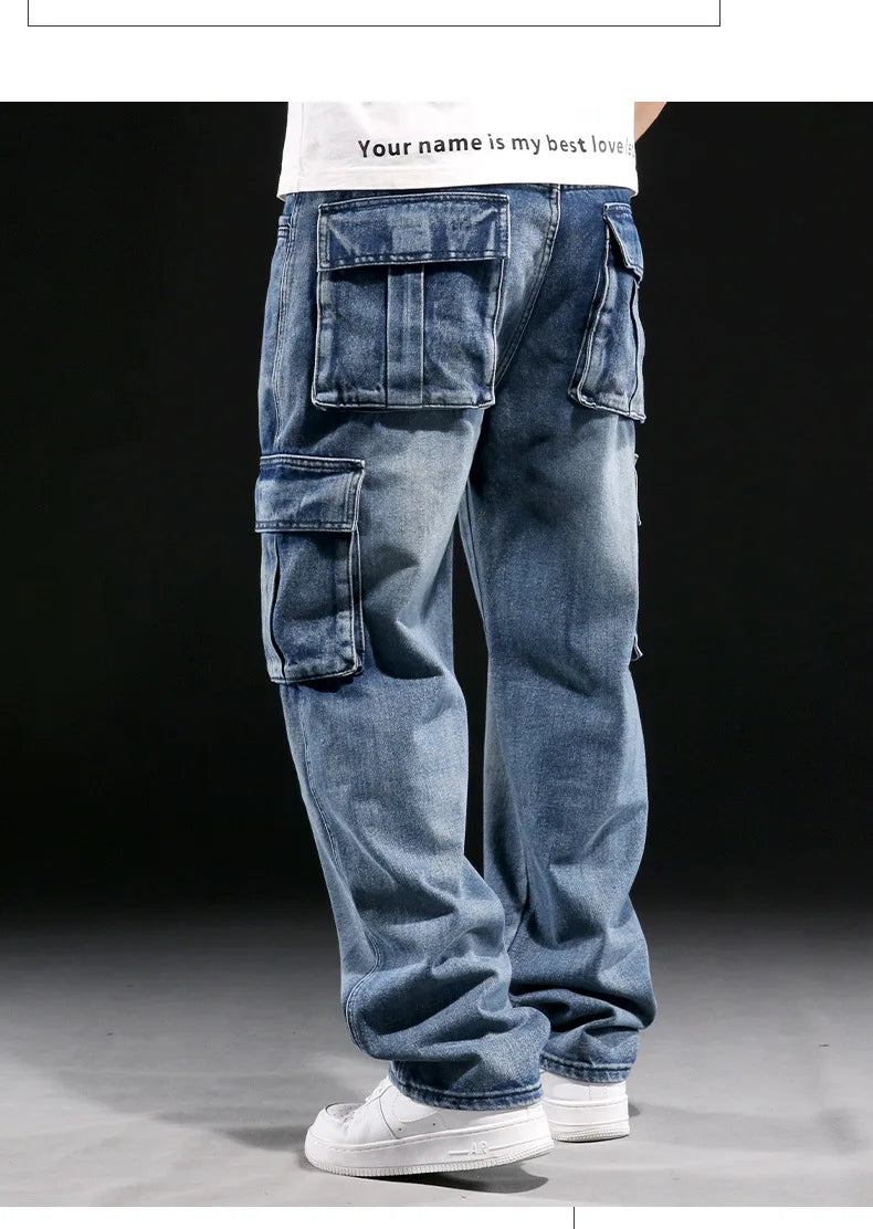 Wide Leg Pant Distressed Cargo Jean Men Jeans Washed Denim Patchwork Solid Full Length Pants Loose Pockets High Street 2025