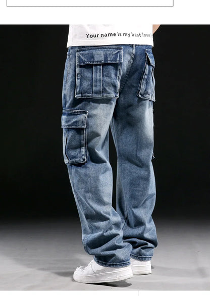 Wide Leg Pant Distressed Cargo Jean Men Jeans Washed Denim Patchwork Solid Full Length Pants Loose Pockets High Street 2025