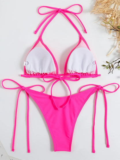 Sexy Brown Bikini 2025 Women Solid Red Halter Push Up Bra Tie Side Triangle Swimsuit Summer Bathing Suit Lace Up Micro Swimwear