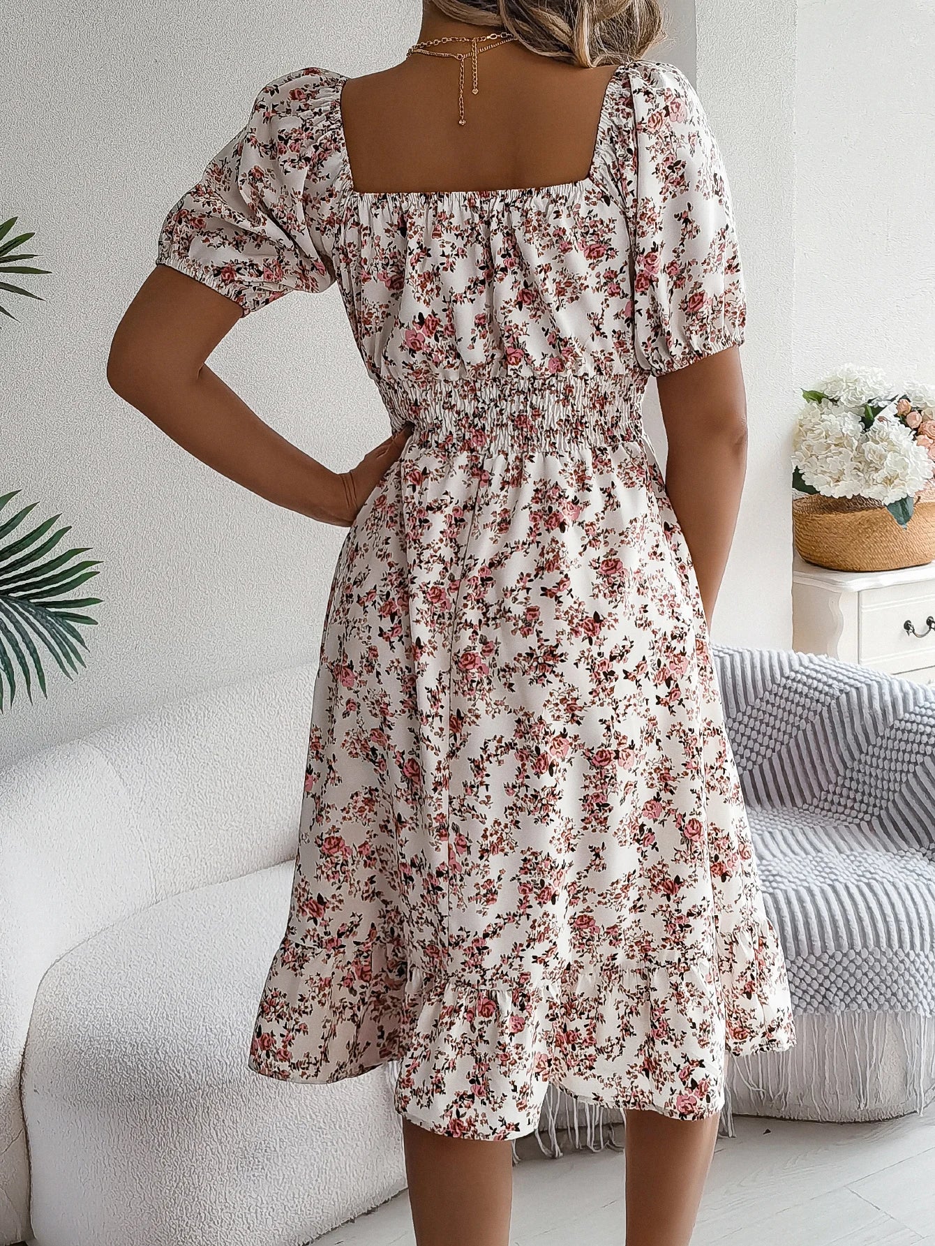 Casual Square Neck Shirred Waist Floral Print Short Sleeve Ruffle Hem Dress For Summer, Women's Clothing