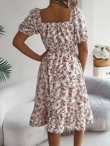 Casual Square Neck Shirred Waist Floral Print Short Sleeve Ruffle Hem Dress For Summer, Women's Clothing