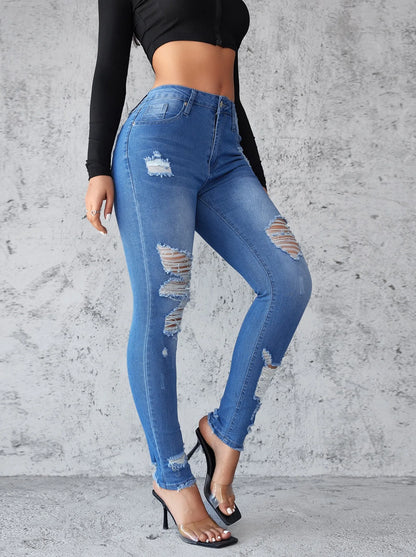 Ankle Length Ripped Hole High Waist Jean Sheath Pencil Denim Pants Skinny Solid Pockets Streetwear Distressed Vintage Slim