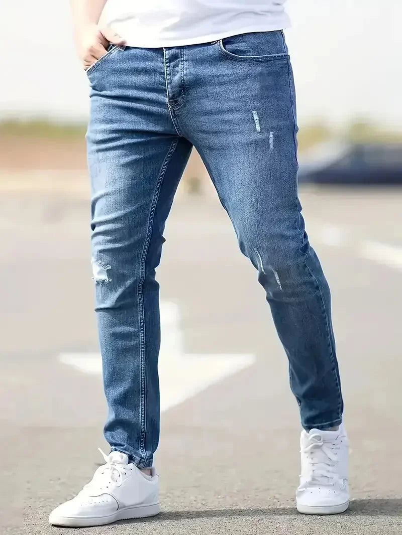 Men Jeans Denim Holes Skinny Vintage Wash Solid Pencil Pants 2025 Distressed Ankle Length Sheath Punk Style Pockets Punk