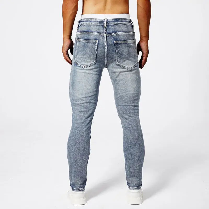 Two tone distressed patchwork jeans for men trendy jeans for summer thin straight leg pants slim fit small leg distressed jeans