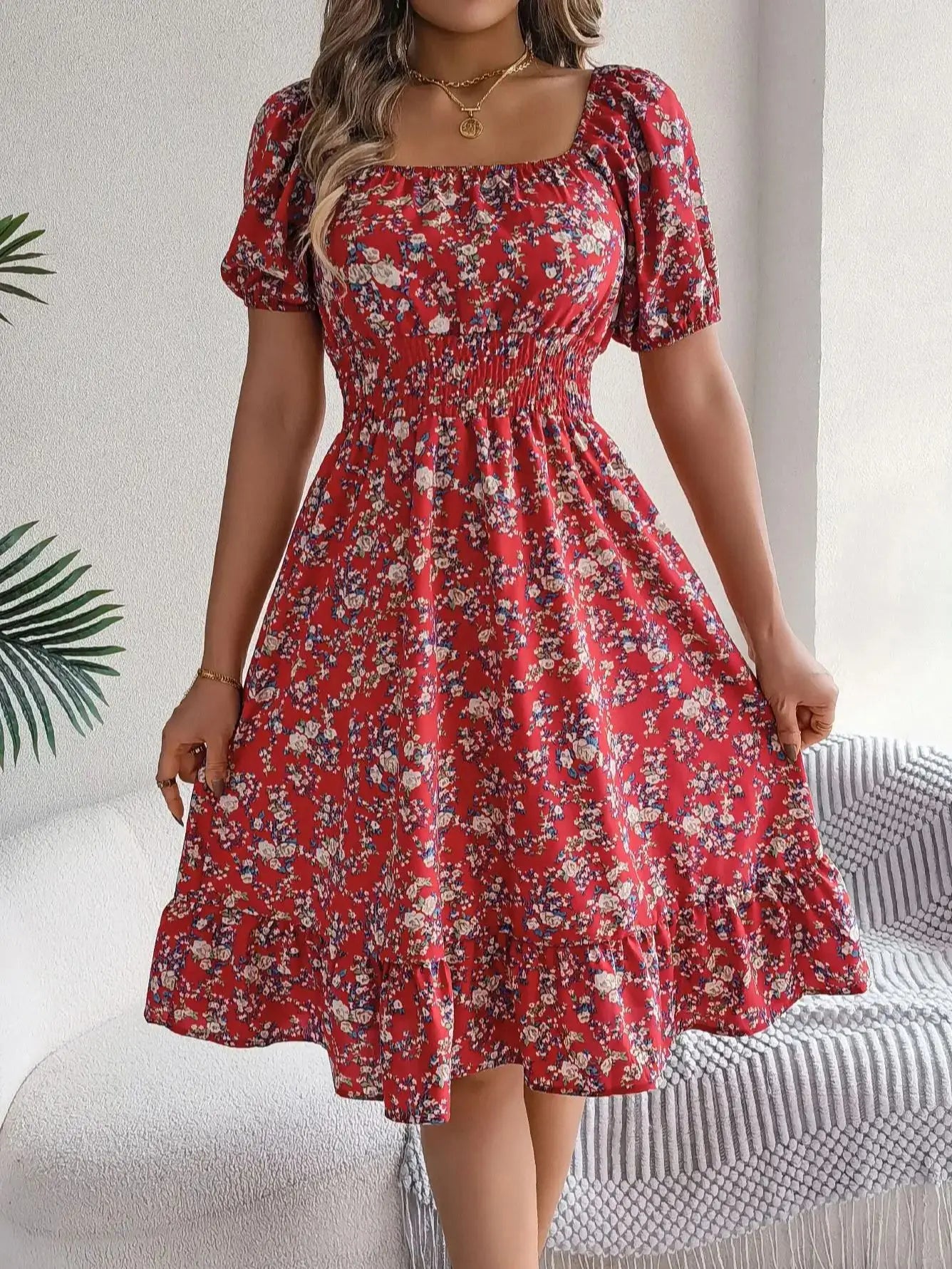 Casual Square Neck Shirred Waist Floral Print Short Sleeve Ruffle Hem Dress For Summer, Women's Clothing