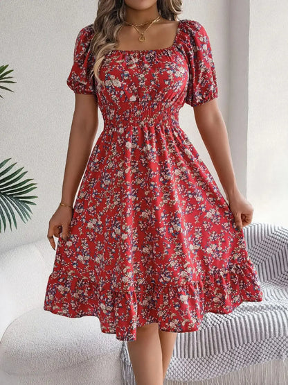 Casual Square Neck Shirred Waist Floral Print Short Sleeve Ruffle Hem Dress For Summer, Women's Clothing