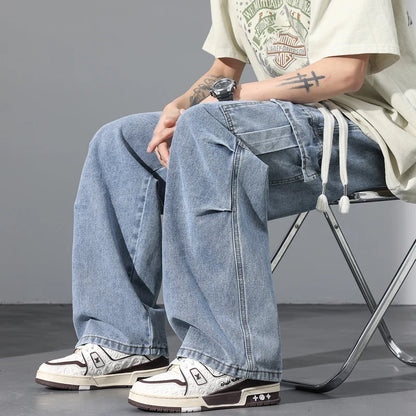 Large Pocket Baggy Jeans Men's 2025 New Spring Classic Straight Denim Trousers Street Y2K Elastic Waist Casual Cargo Pants