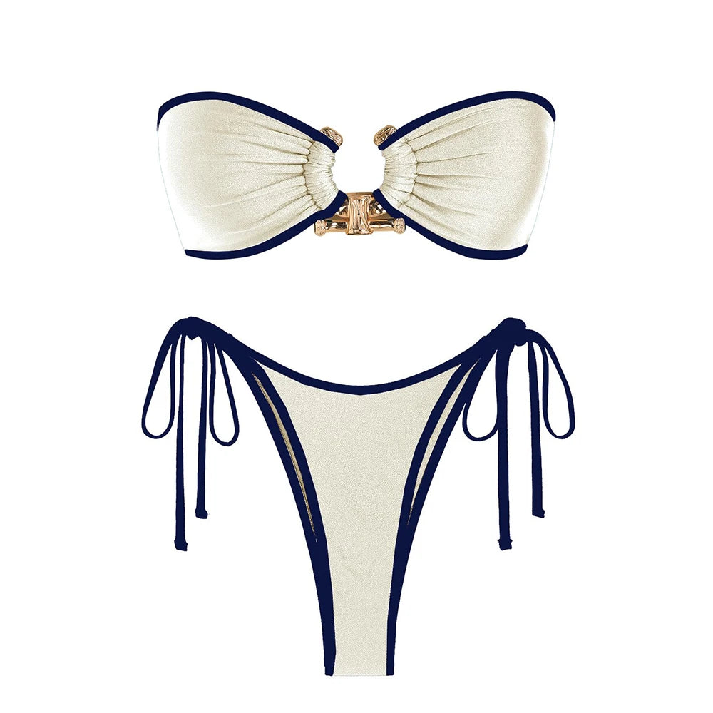 Solid O Ring  New Swimsuit For Women Tie Side Shiny Metal Hardware Ring Bandeau Bikini Swimwear Padded Bra Top Low Waisted