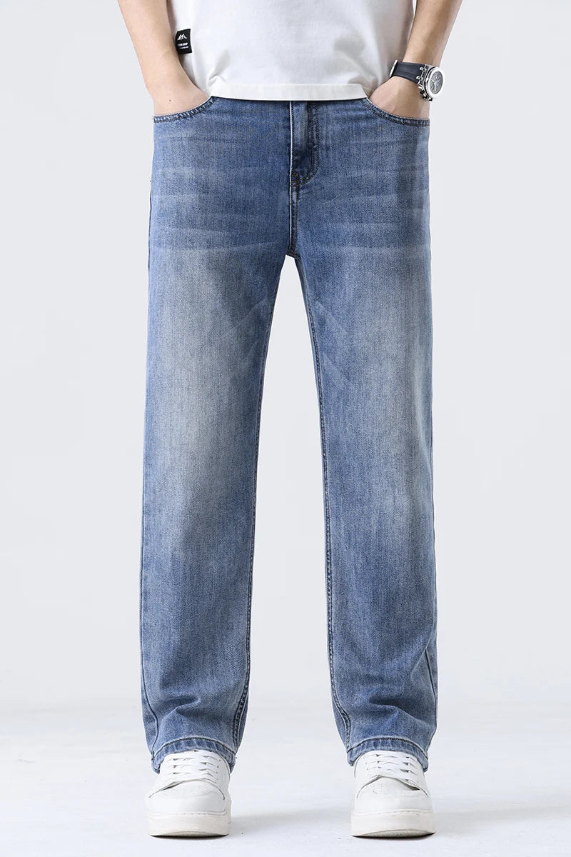 2025 New Loose Straight Leg Jeans for Men  Comfort Thin Stretch Cotton Blend Moisture-Wicking Casual Trousers for Daily Wear