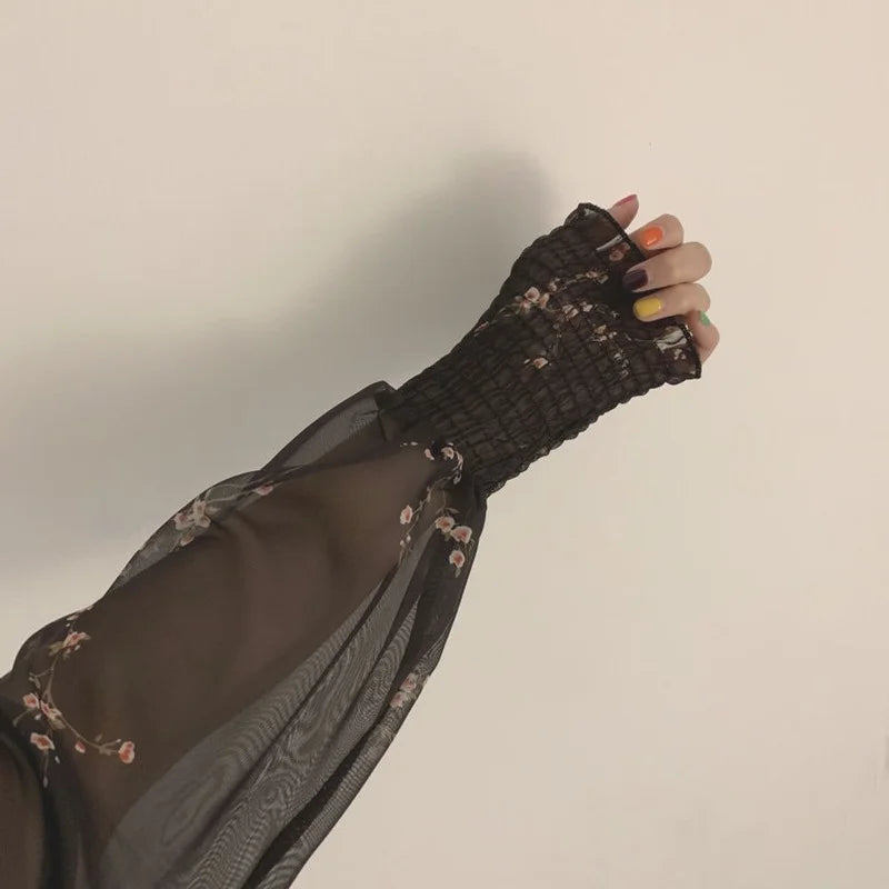 Women Sexy Black Chiffon Dress Spring Vintage Flower Long Puff Sleeve Dresses Korean Casual Mini Vestidos Elegant  Clothes 13676