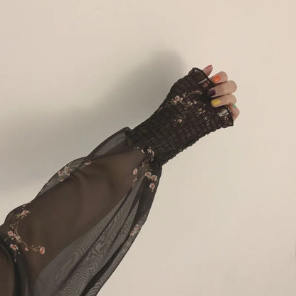 Women Sexy Black Chiffon Dress Spring Vintage Flower Long Puff Sleeve Dresses Korean Casual Mini Vestidos Elegant  Clothes 13676