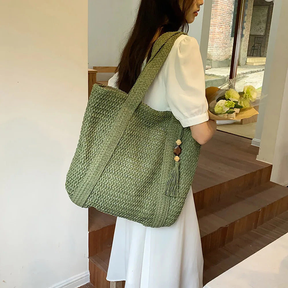 Elegant Women Straw Woven Handbag Summer Beach Casual Tote Top-Handle Bags Large Capacity Fashion Ladies Bohemian Shoulder Bags