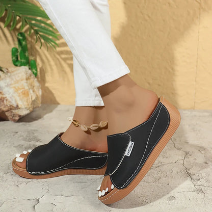 Open Toe Women's Wedge Sandals White 2025 Summer Fashion Breathable Comfortable Fish Mouth Sandals Med Heel Beach Shoes Slides