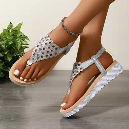 Hollow Out Clip Toe Wedge Sandals for Women 2025 Summer Lightweight Non Slip Beach Shoes Woman Silver Platform Roman Sandalias