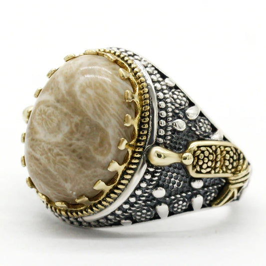 Fashionable men's handmade ring jewelry natural gold coral stone handmade s925 silver ring men's party gift