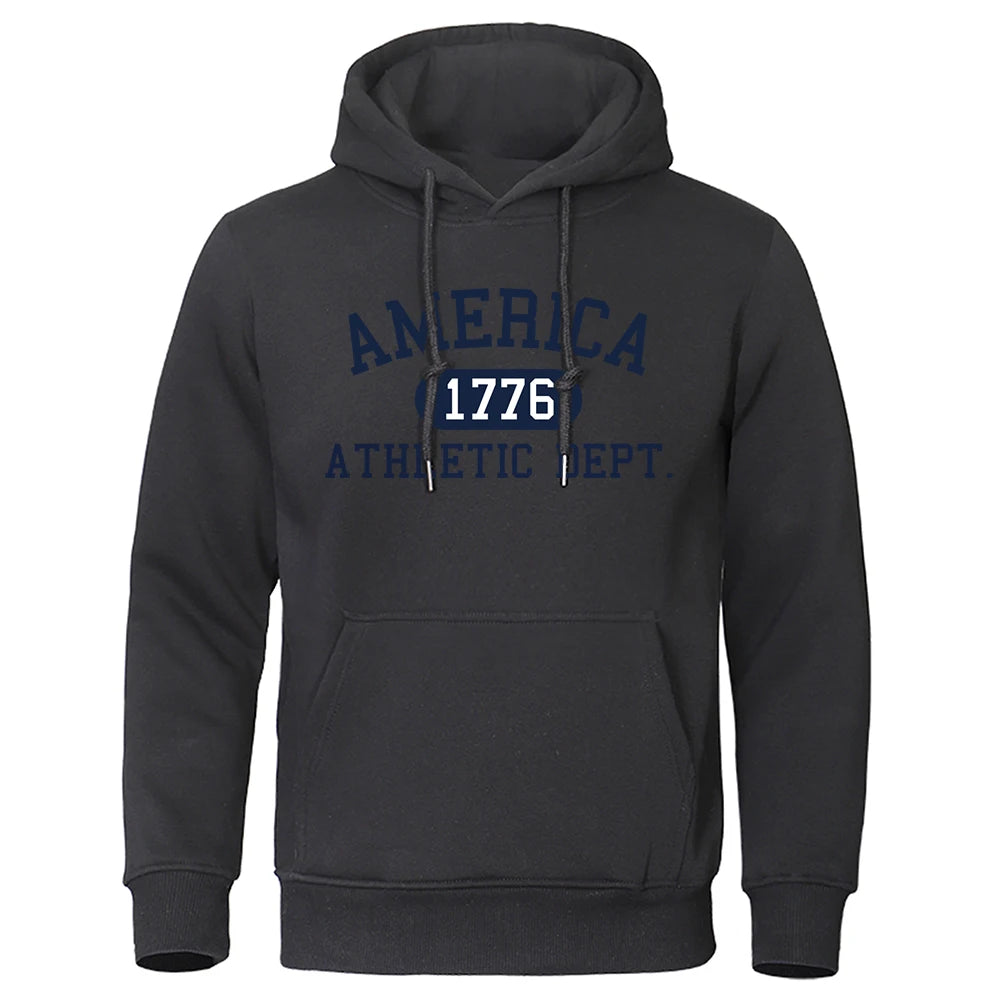 America 1776 Athletic Dept Letter Print Mans Hoodies Pocket O-Neck Sweatshirt Autumn Soft Sweatshirt Casual Loose Man Clothing