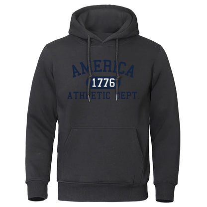 America 1776 Athletic Dept Letter Print Mans Hoodies Pocket O-Neck Sweatshirt Autumn Soft Sweatshirt Casual Loose Man Clothing