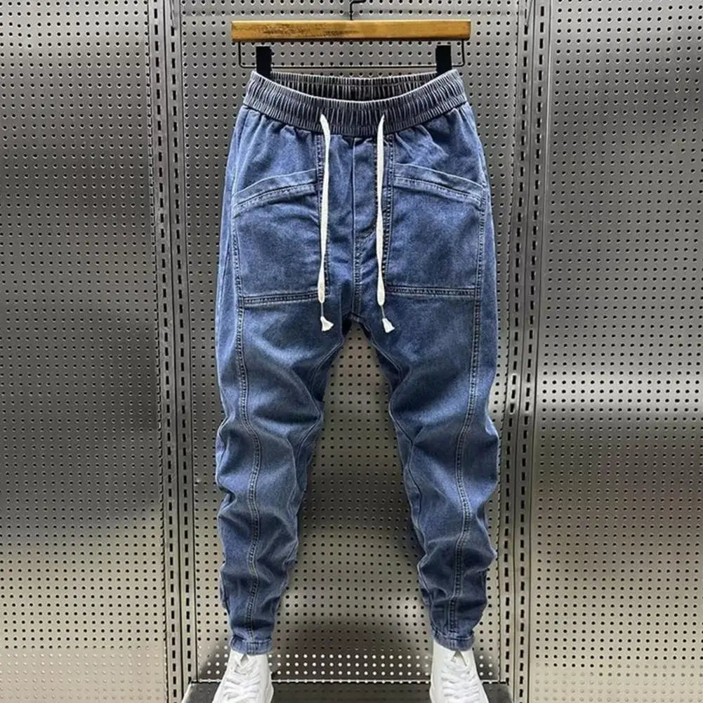 Spring Autumn Men Jeans Elastic Drawstring Waist Pockets Design Denim Pants Solid Color Casual Cargo Harem Trousers