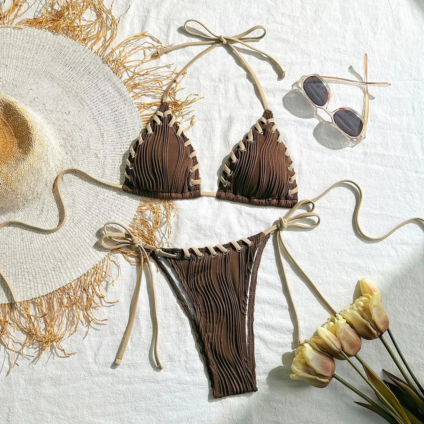 Halter Wrinkled Weave Bikini Women Swimwear Female Swimsuit Two Pieces Bikini Set Brazilian Bathing Suit Swim Beach Wear
