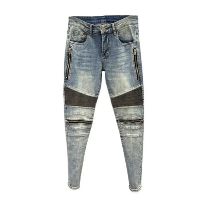 Zippered Slim Fit Men's Jeans Straight Leg Blue Vintage Distressed Casual Trendy Spring Autumn Lightweight Pants